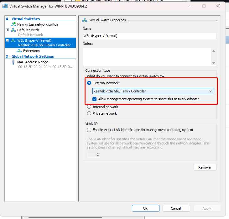 Change Virtual Switch WSL to External